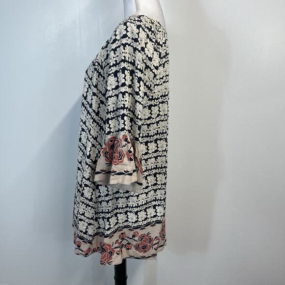 Papillon Blouse Tunic Small Black Coral Floral Boho Lagenlook Peasant Womens - Picture 6 of 8